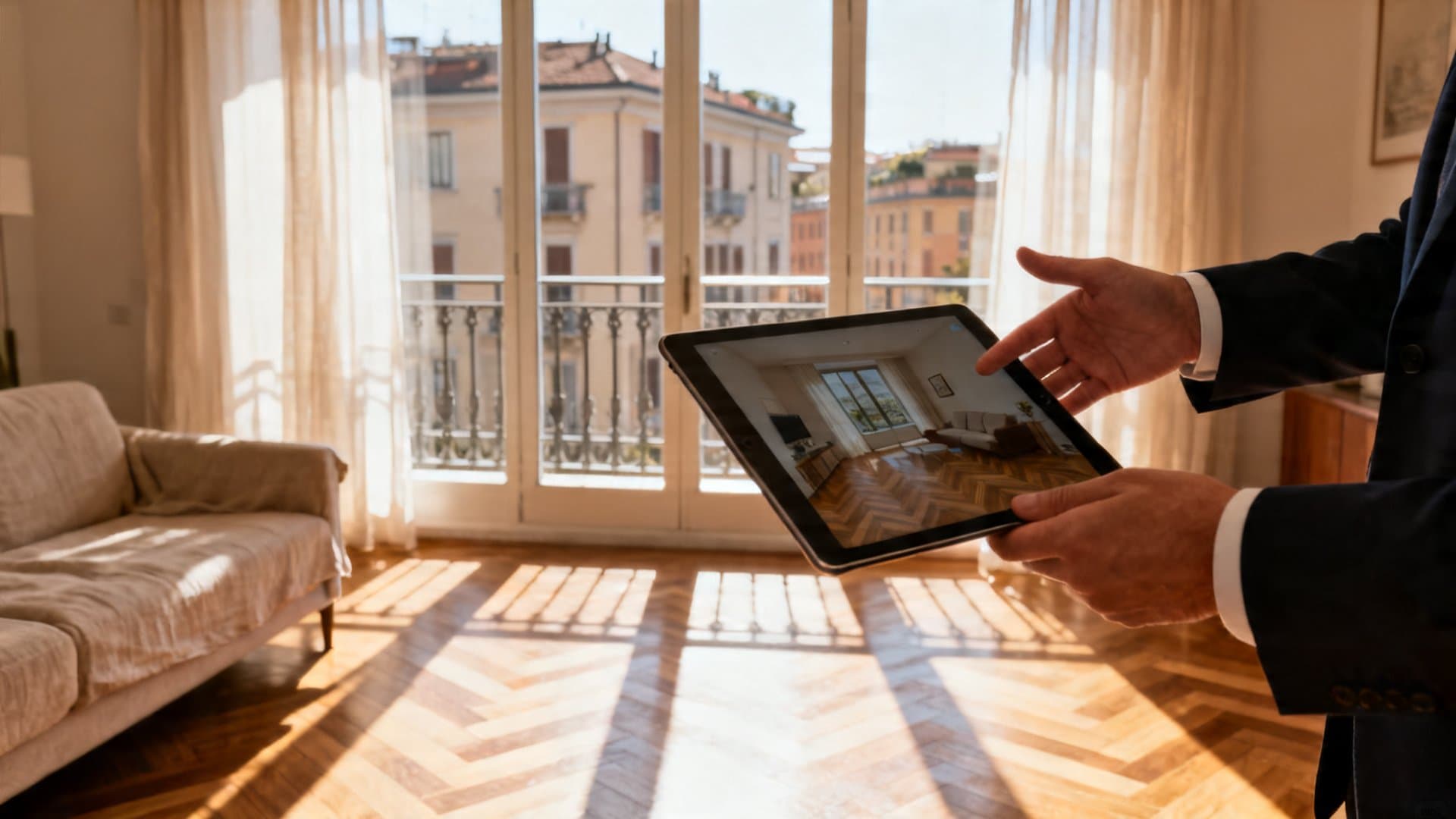 Agente immobiliare mostra tour virtuale immobile in appartamento milanese arredato - VisioCasa