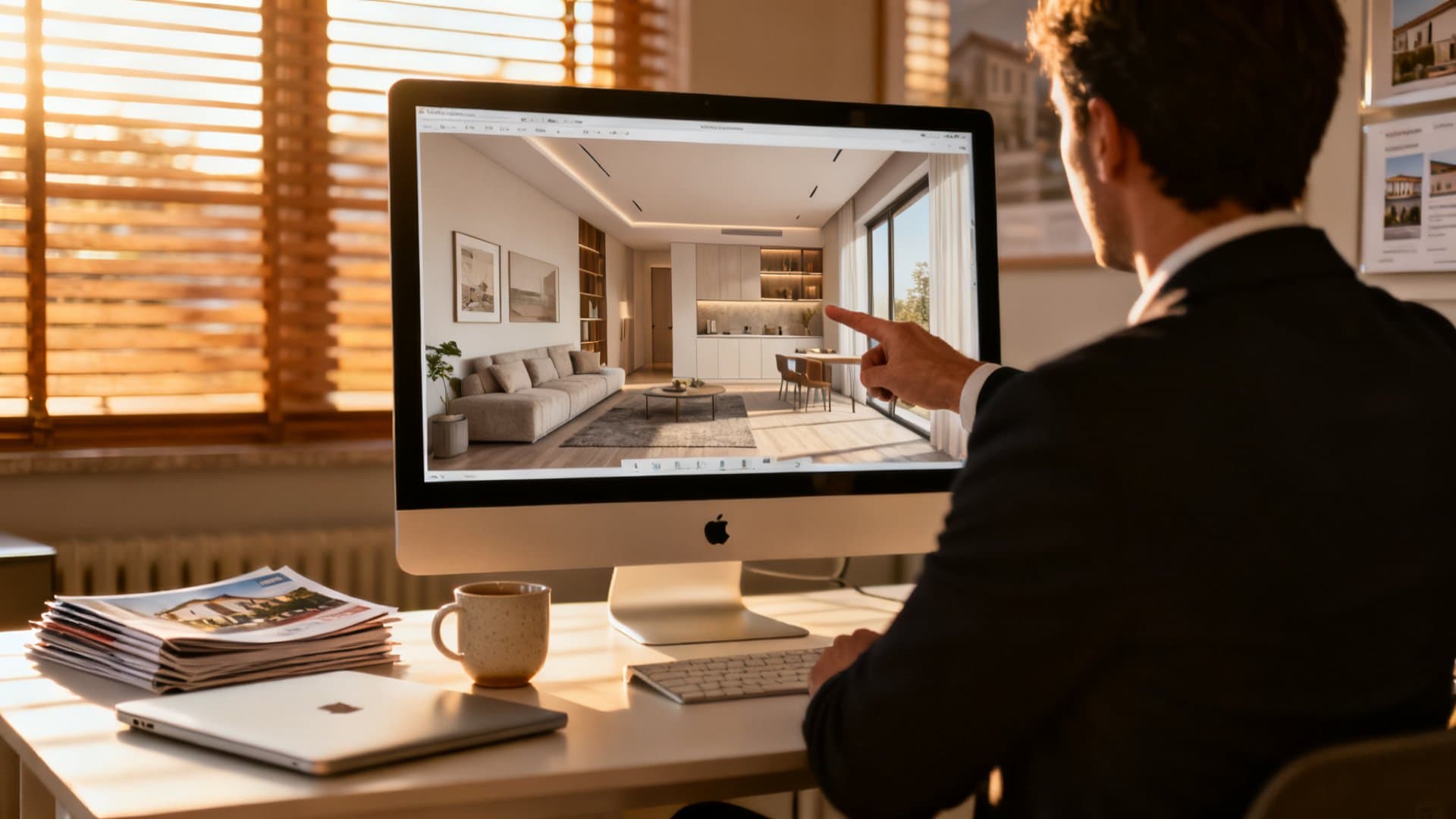 Agente immobiliare che usa programma rendering casa VisioCasa su monitor professionale
