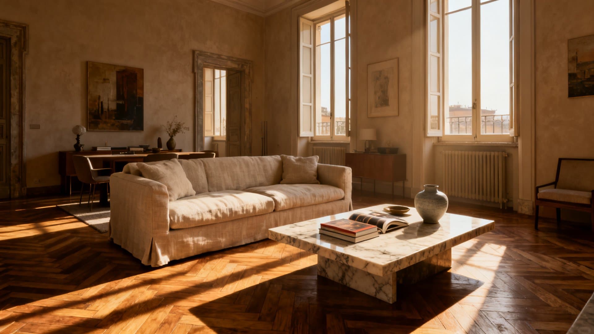 Virtual staging appartamenti con VisioCasa: salone milanese arredato digitalmente in stile contemporaneo