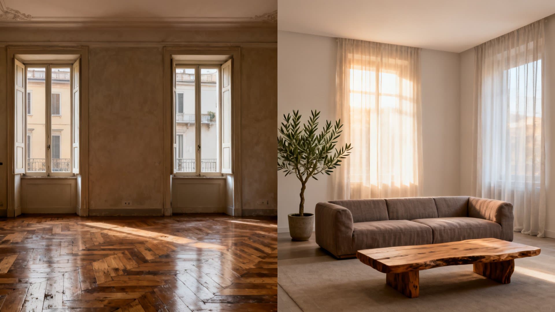 Virtual staging appartamenti prima e dopo in salotto milanese con VisioCasa