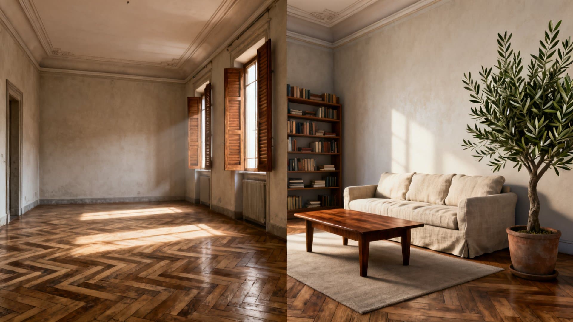 Trasformazione virtual staging appartamento prima e dopo con VisioCasa