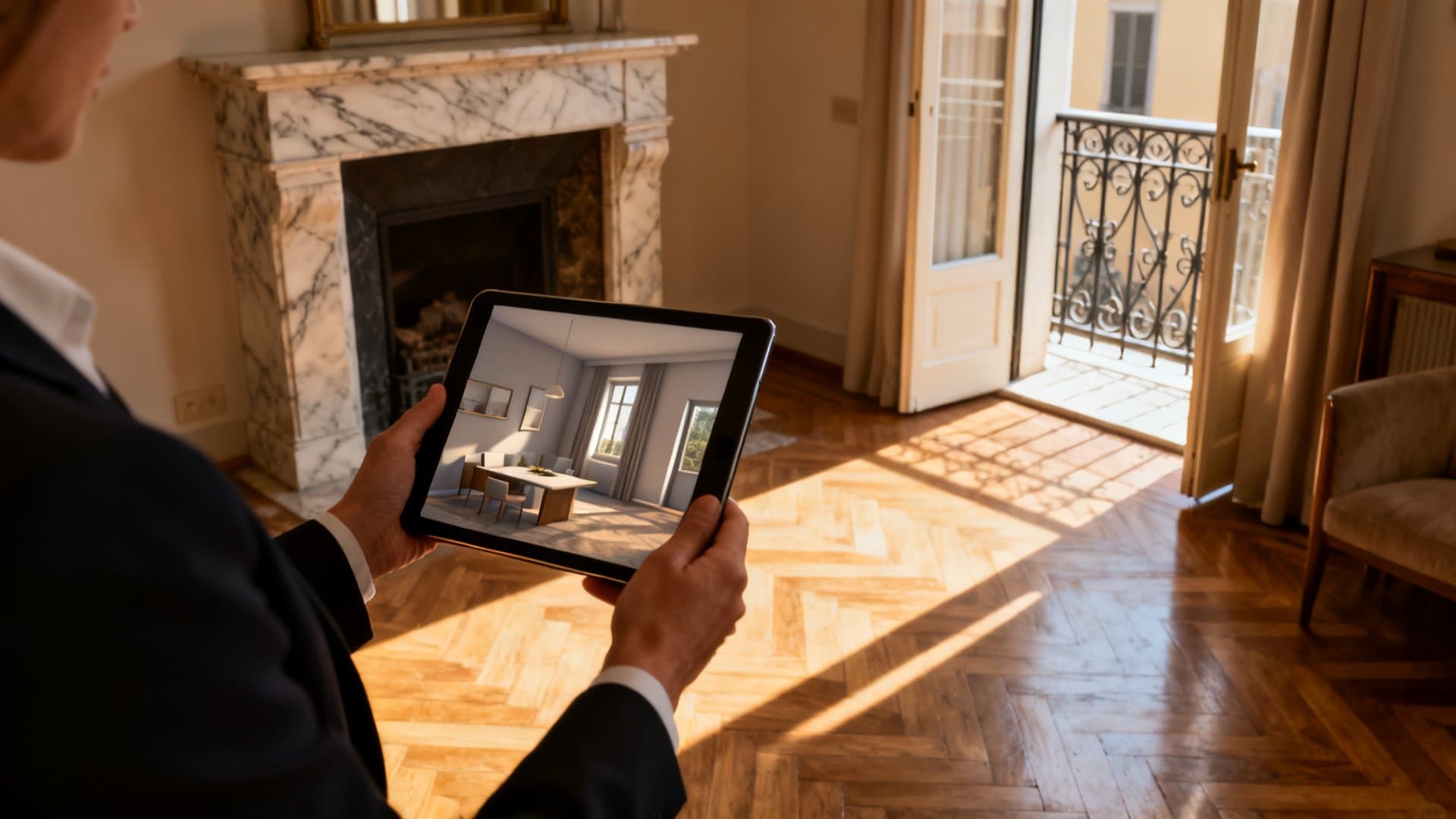 Agente immobiliare mostra rendering 3D di appartamento con VisioCasa