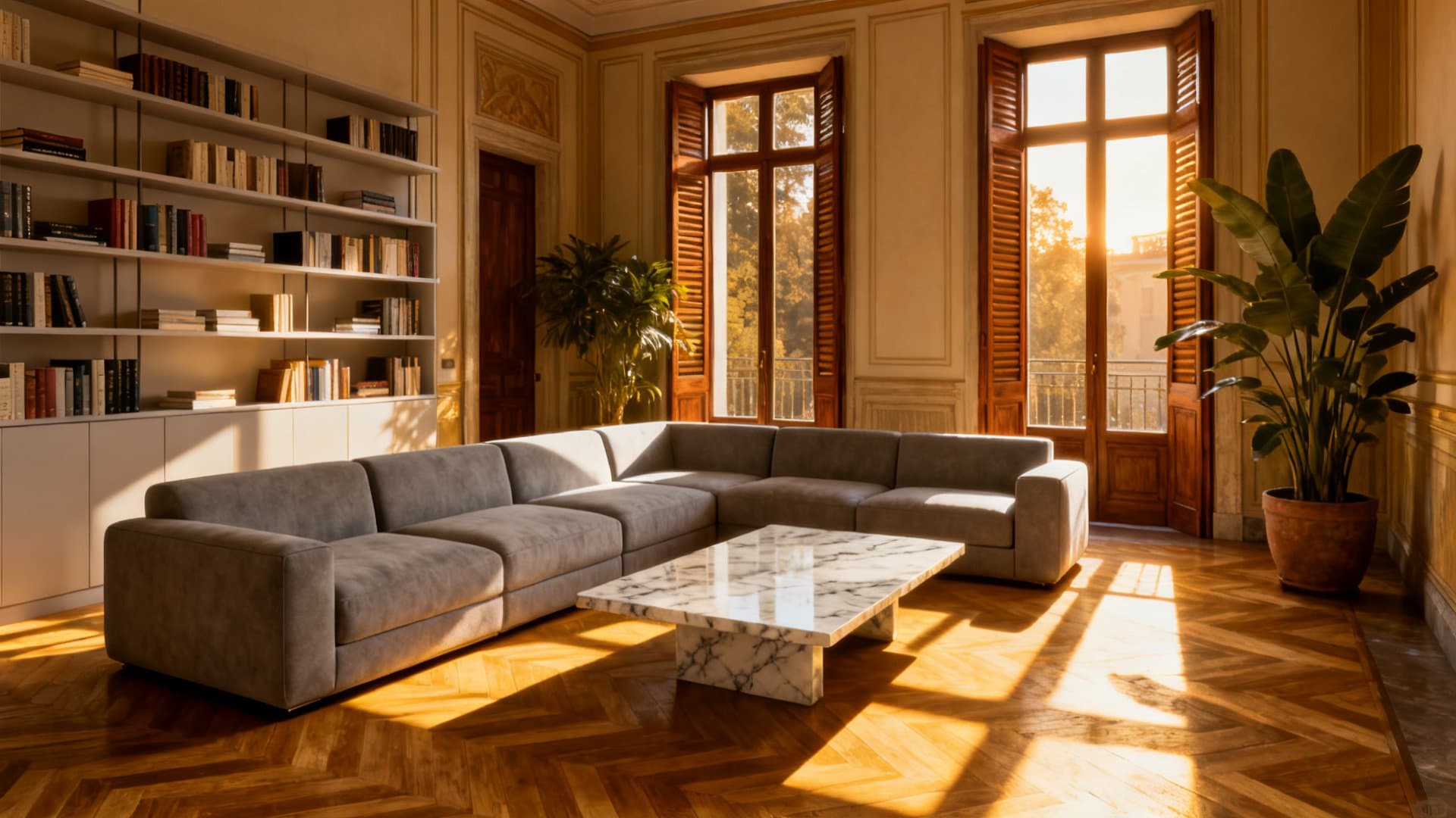 Virtual staging appartamenti applicato a salotto milanese elegante con arredi moderni - VisioCasa