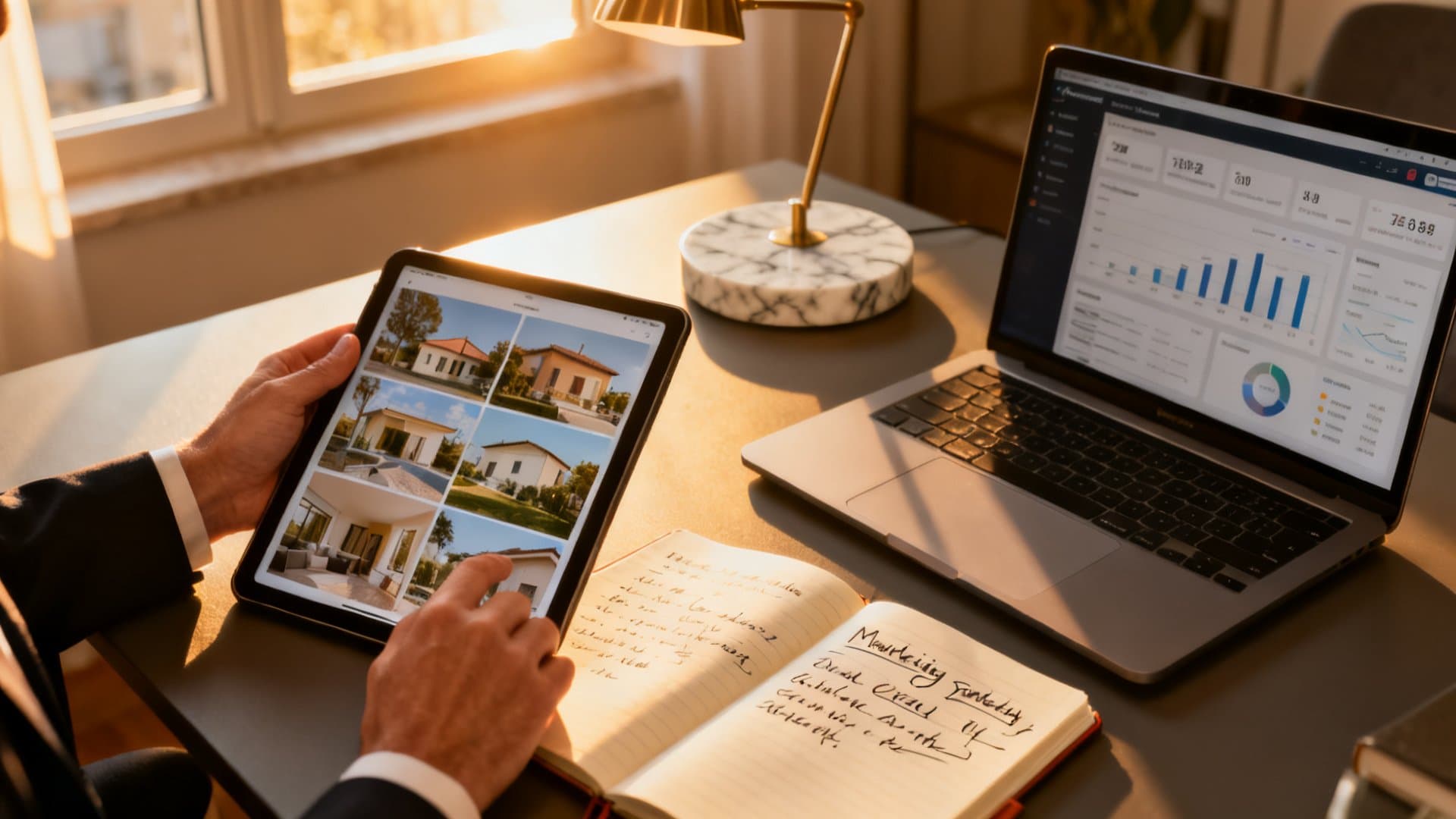 Agente immobiliare gestisce annunci immobiliari gratis su tablet e laptop in home office VisioCasa
