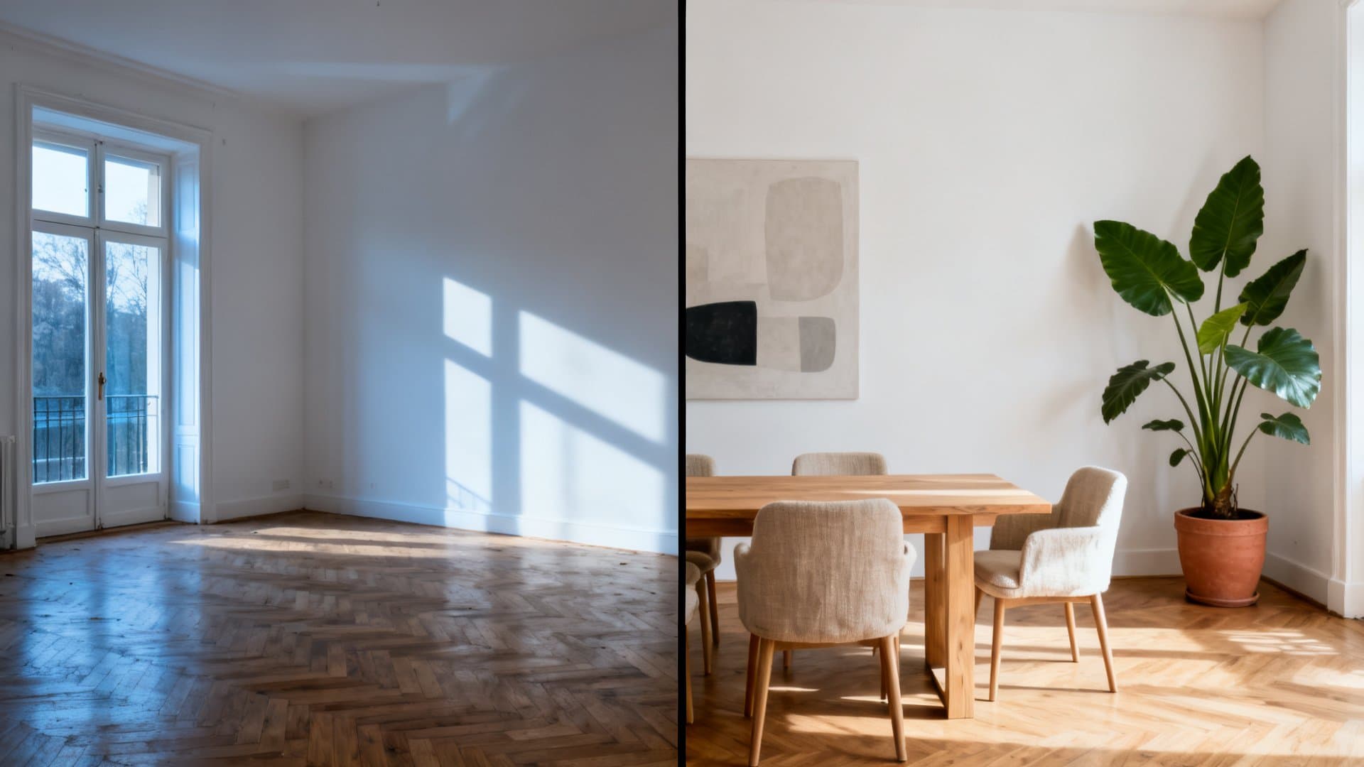 Virtual staging appartamenti: confronto prima e dopo con trasformazione digitale VisioCasa