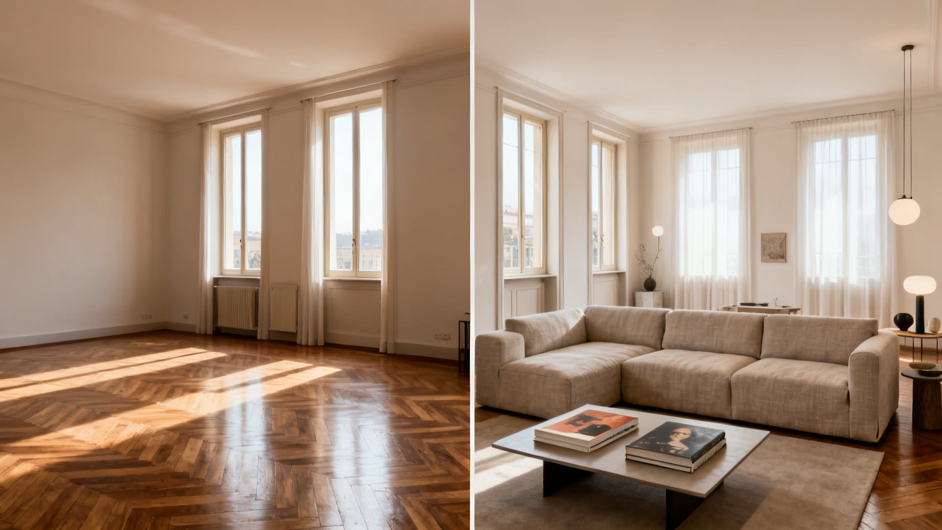 Virtual staging appartamenti mostra trasformazione prima e dopo per agenzie VisioCasa