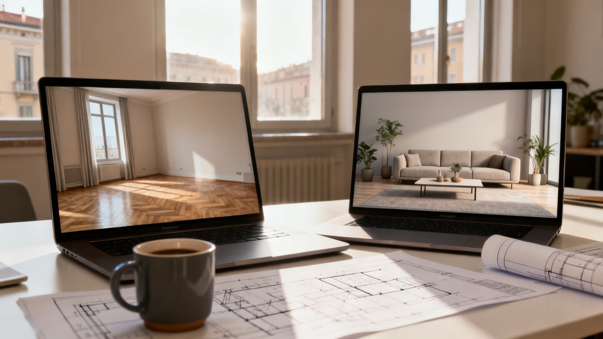 Virtual staging appartamenti professionale con confronto prima/dopo su laptop VisioCasa