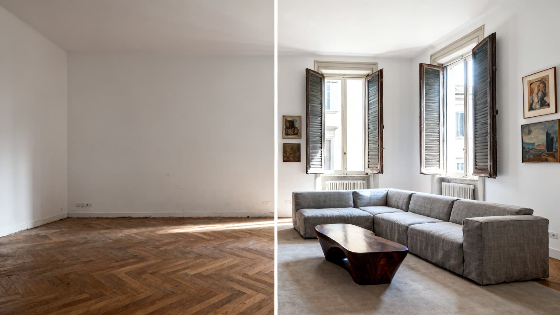 Virtual staging appartamenti: prima e dopo con VisioCasa per trasformazione spazi vuoti