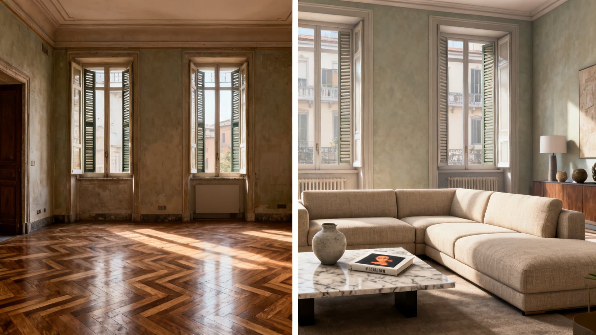 Prima e dopo virtual staging appartamenti in salotto milanese VisioCasa