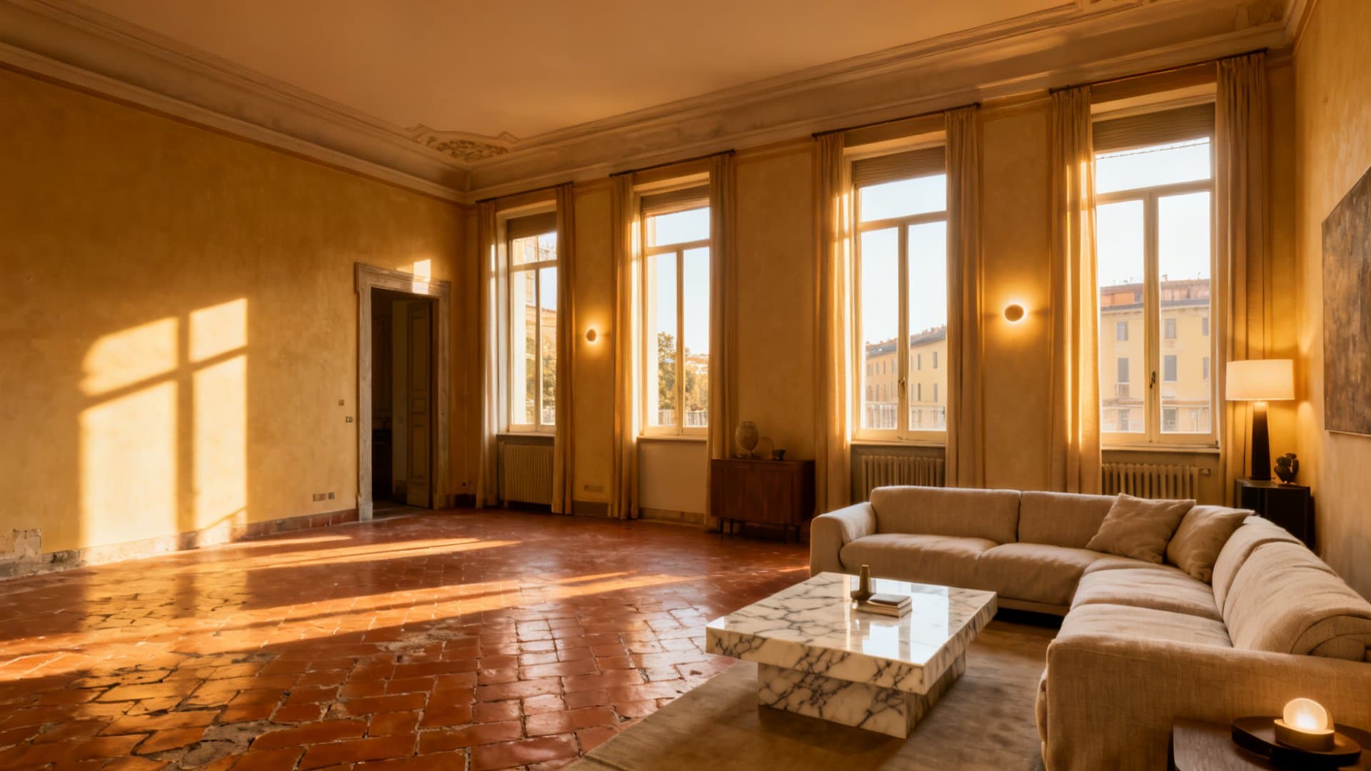 Virtual staging appartamenti mostra trasformazione digitale di salotto milanese con VisioCasa