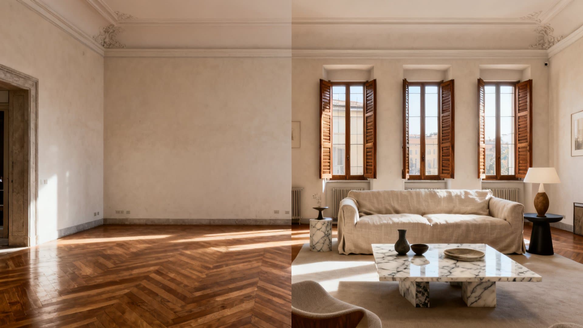 Virtual staging appartamenti con VisioCasa: confronto prima e dopo in appartamento milanese