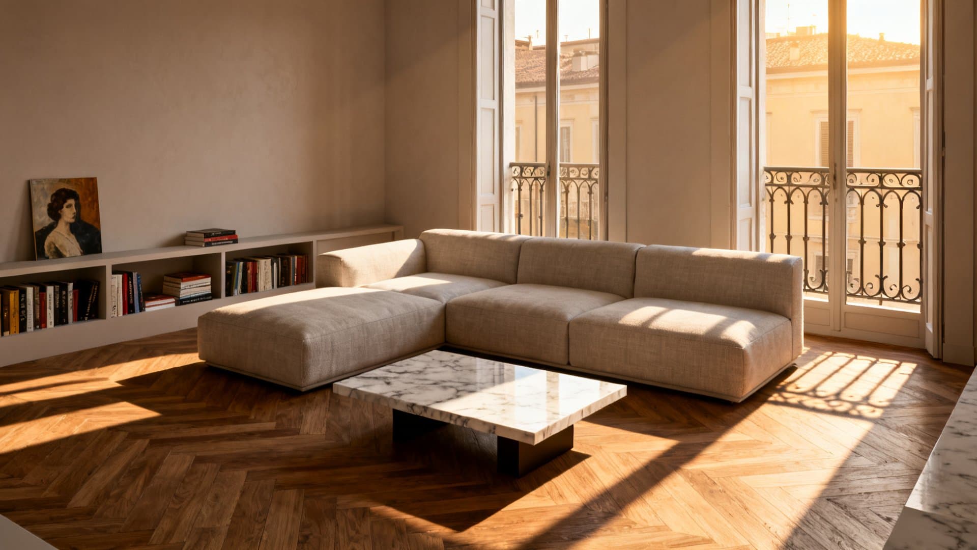 Virtual staging appartamenti che trasforma un salone milanese vuoto in spazio arredato con VisioCasa