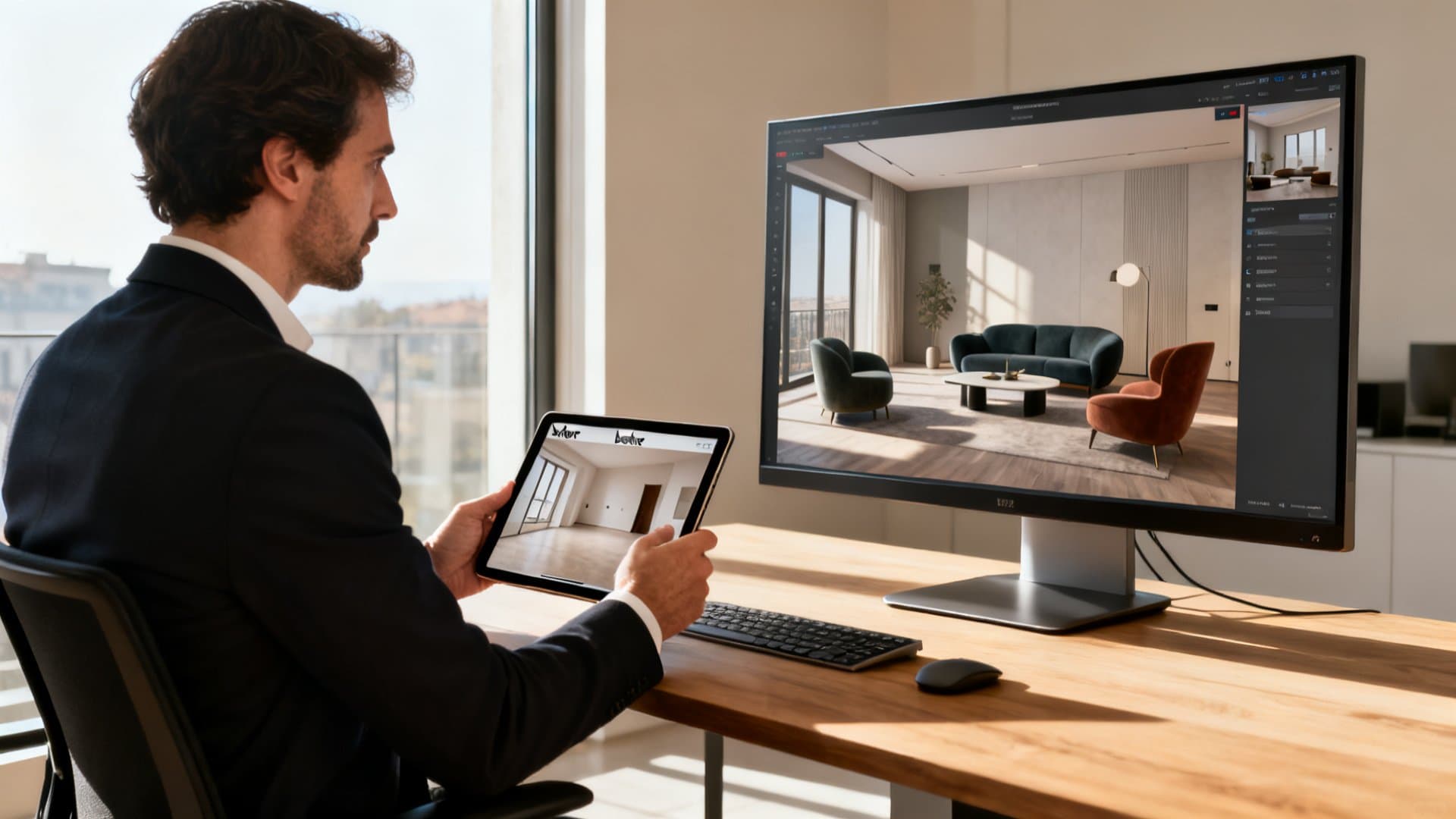 Agente immobiliare che lavora con virtual staging appartamenti su VisioCasa