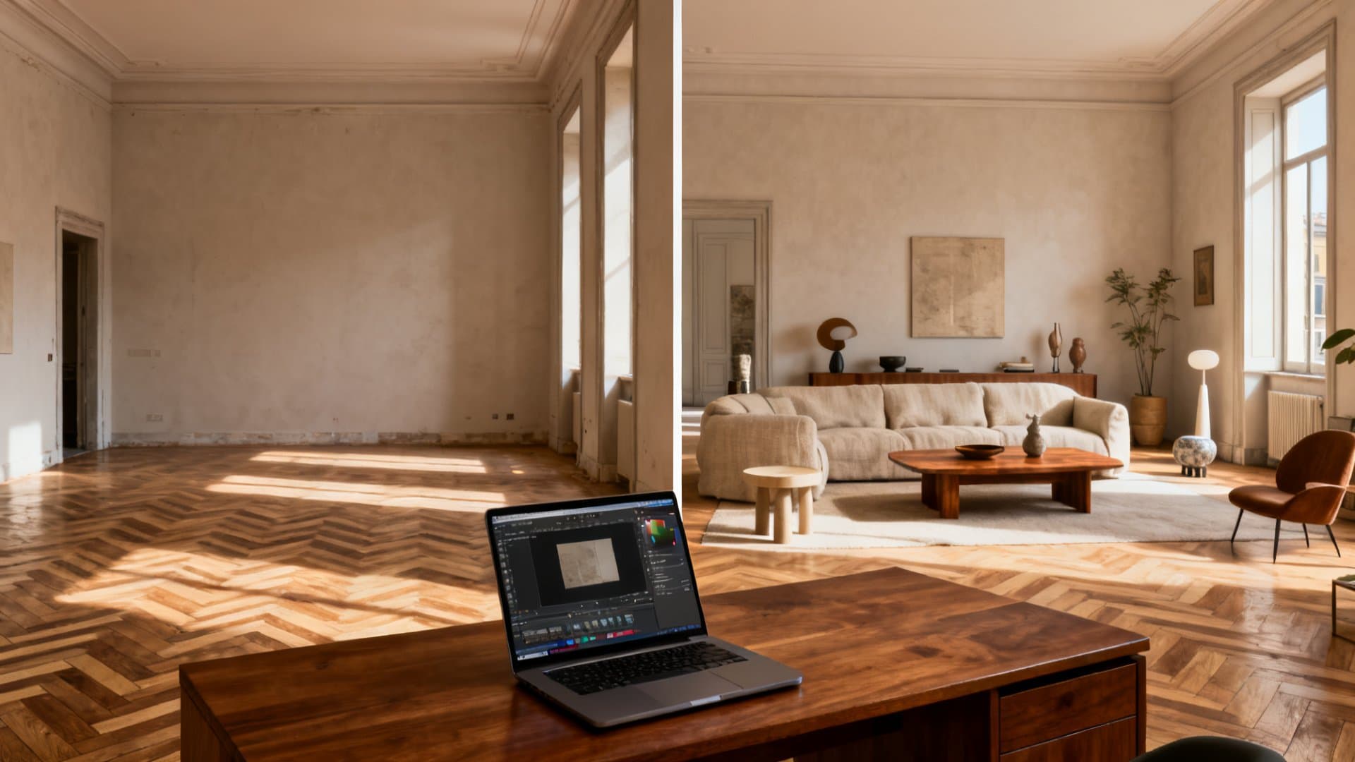 Virtual staging appartamenti: confronto prima e dopo di un salone milanese con VisioCasa
